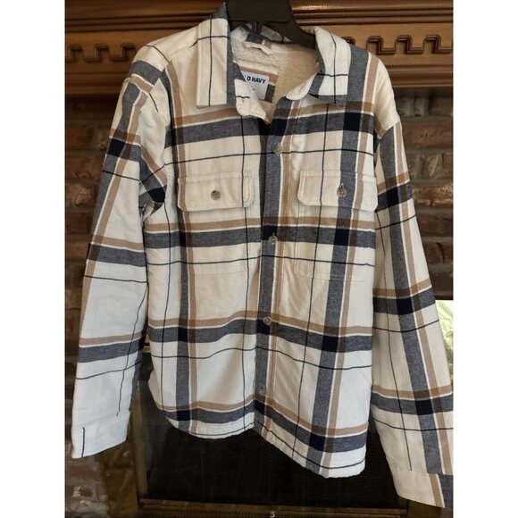 Men’s Old Navy Sherpa Lined Shacket Size XL Tan & Blue Plaid New - Picture 2 of 8